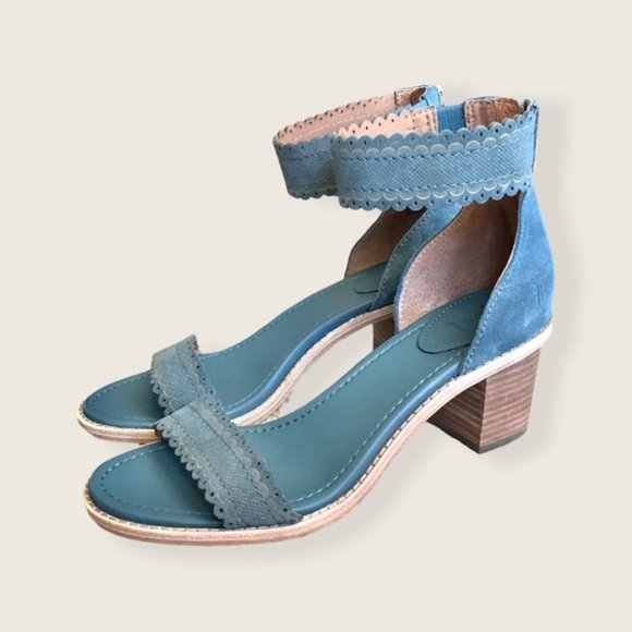 $340 Frye Teal/Turquoise Brielle Scallop Leather Suede Ankle Strap Heel Sandals - Picture 16 of 16